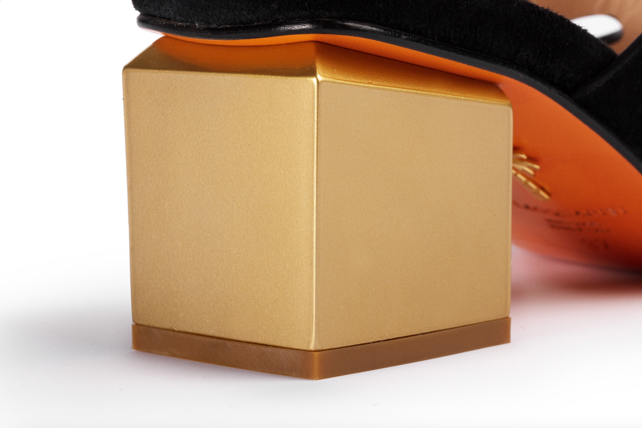 D. Lacquaniti STELLA black suede mule – heel detail, orange outsole with palm tree mark