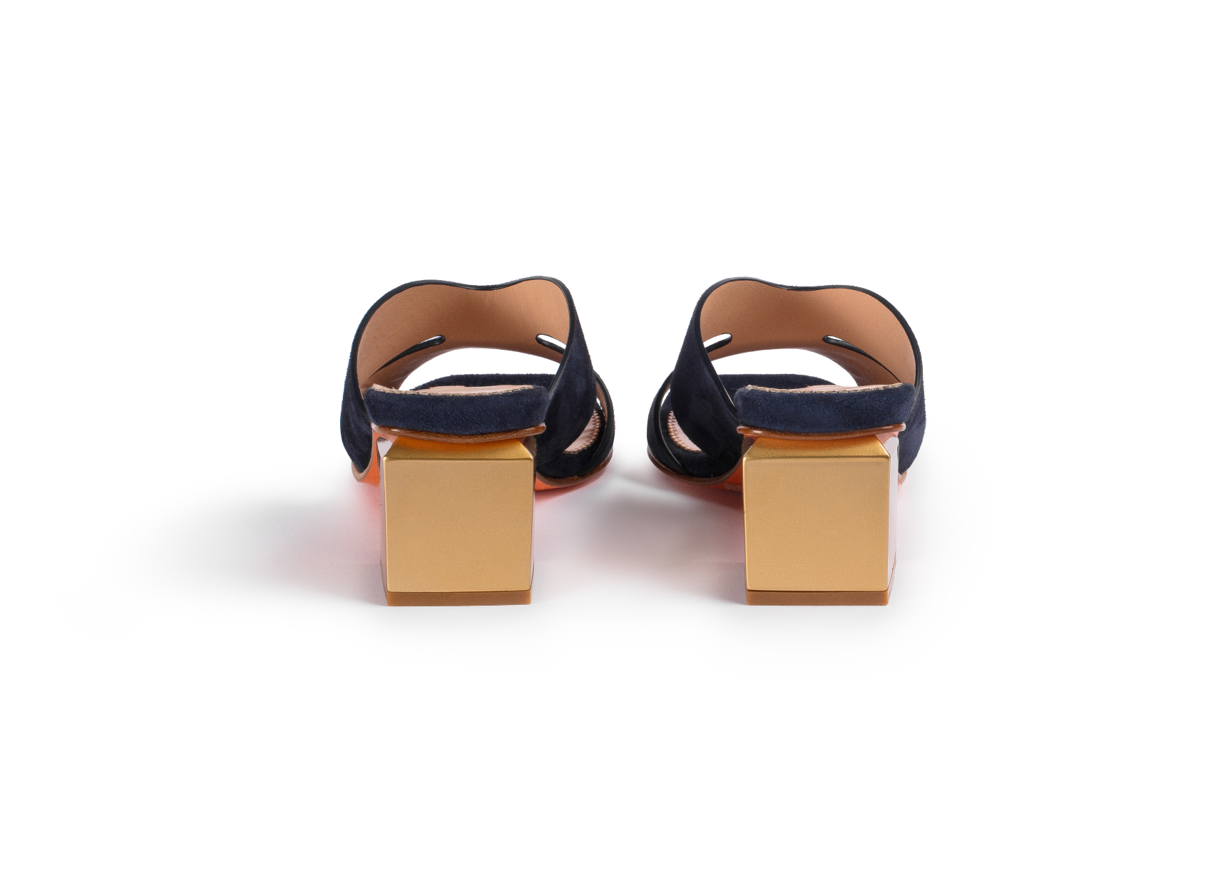 D. Lacquaniti STELLA navy suede mule – heel detail, orange outsole with palm tree mark