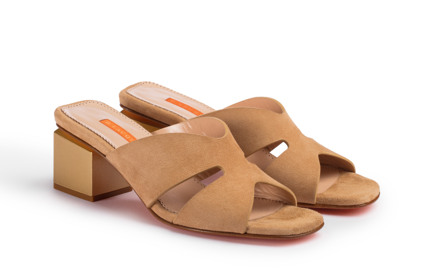 D. Lacquaniti STELLA tan suede block heel mule – side profile view, handcrafted in Italy