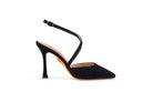 A single black pointed-toe slingback high heel shoe with a slim ankle strap, shown in side profile on a plain white background.